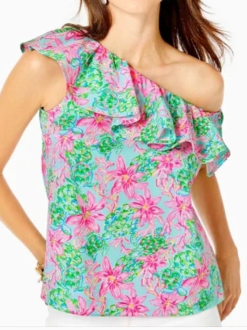Lilly Pulitzer Zeldie One Shoulder Ruffle Top Surf Blue So Shellegant XL NWT